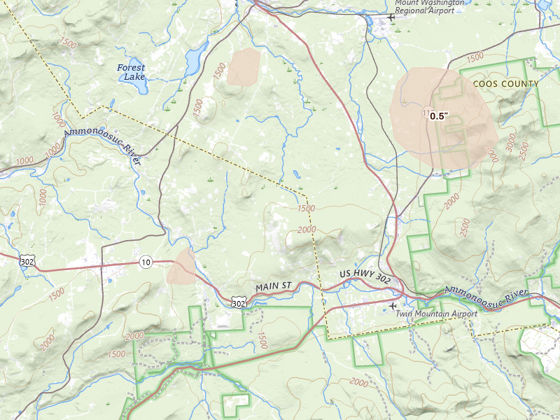 Radar-estimated hail-size map of the storm over Bethlehem, NH on Jul 14, 2026