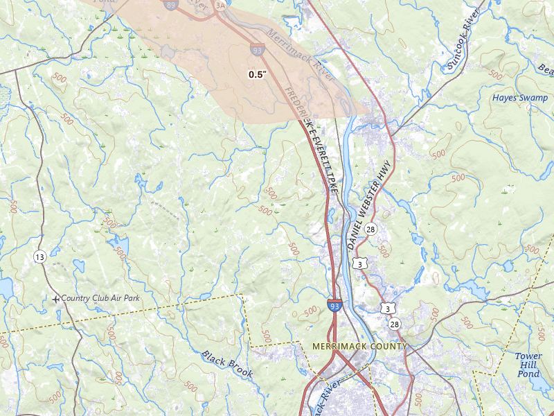 Radar-estimated hail-size map of the storm over Bow, NH on Jun 26, 2026