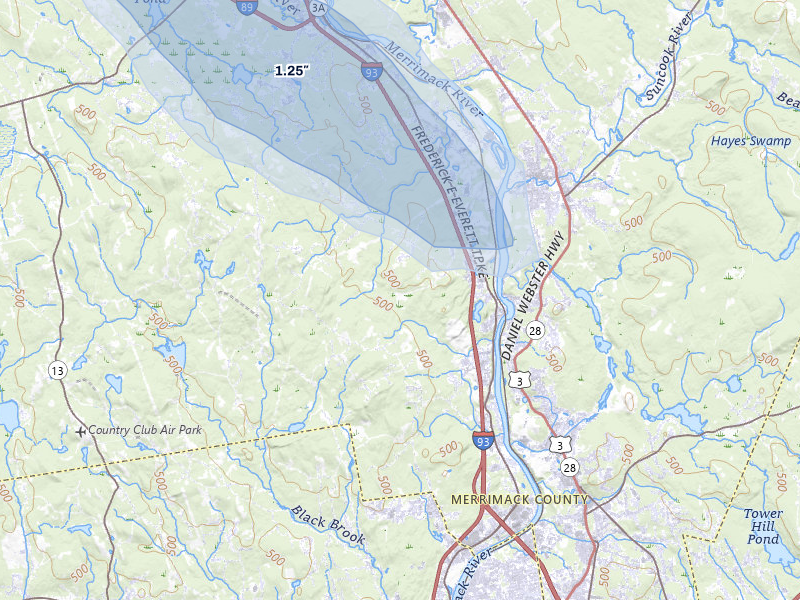 NEXRAD radar-signature map of the hail over Bow, NH