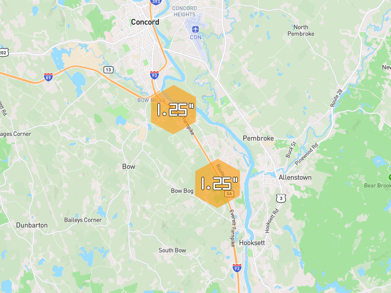 Hail map of Bow, NH on Jun 26, 2026, hail up to 1.25"
