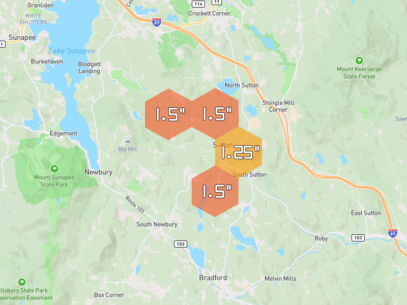 Hail map of Bradford, NH on Jun 26, 2026, hail up to 1.5"