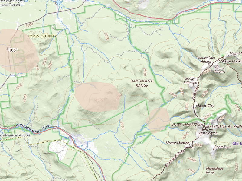 Radar-estimated hail-size map of the storm over Bretton Woods, NH on Jul 14, 2026