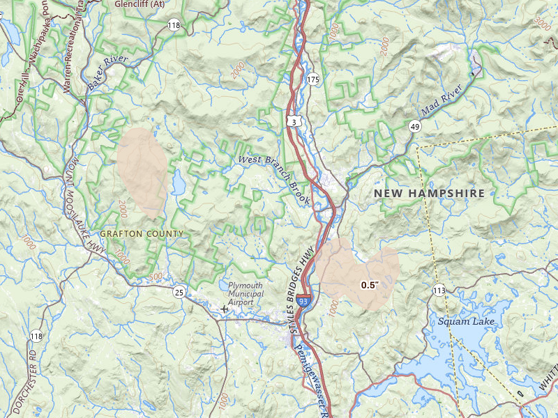 Radar-estimated hail-size map of the storm over Campton, NH on Jun 6, 2026