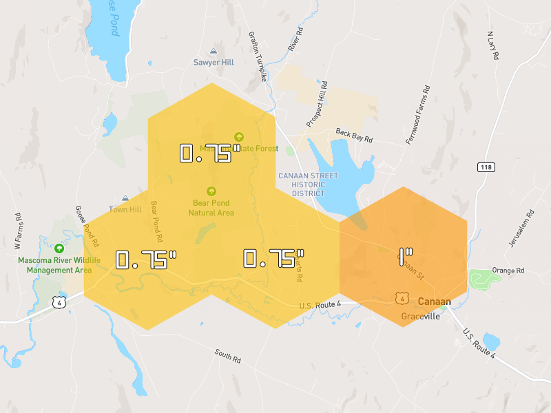Hail map of Canaan, NH on Jul 2, 2026, hail up to 1"