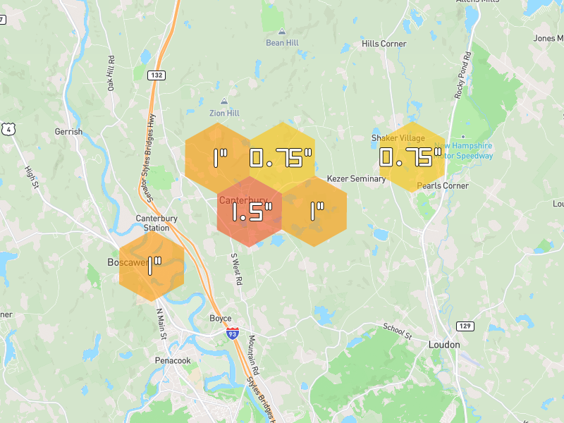 Hail map of Canterbury, NH on Jul 2, 2026, hail up to 1.5"
