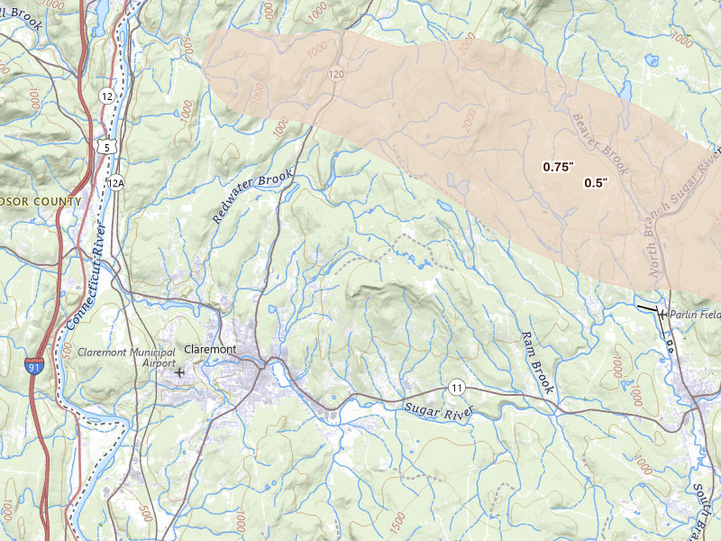 Radar-estimated hail-size map of the storm over Claremont, NH on Jun 26, 2026