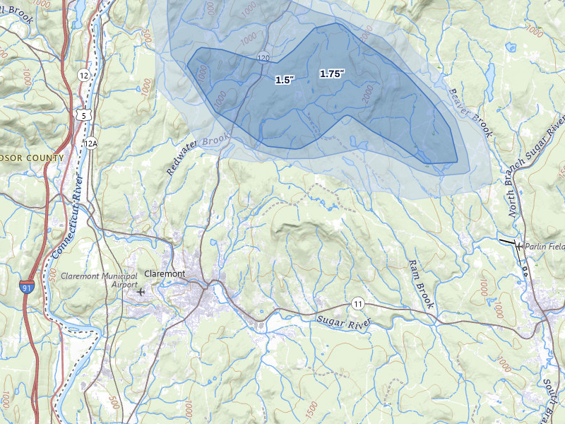 NEXRAD radar-signature map of the hail storm over Claremont, NH on Jun 26, 2026