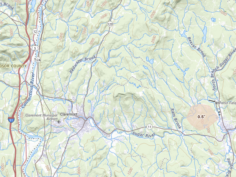 Radar-estimated hail-size map of the storm over Claremont, NH on Jul 1, 2026