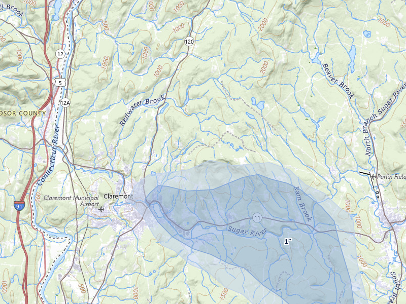 NEXRAD radar-signature map of the hail over Claremont, NH