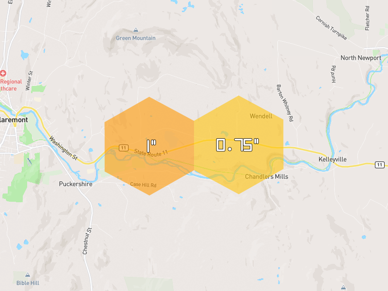 Hail map of Claremont, NH on Jul 2, 2026, hail up to 1"