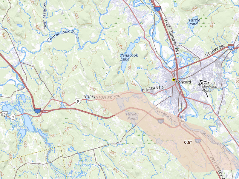 Radar-estimated hail-size map of the storm over Concord, NH on Jun 26, 2026