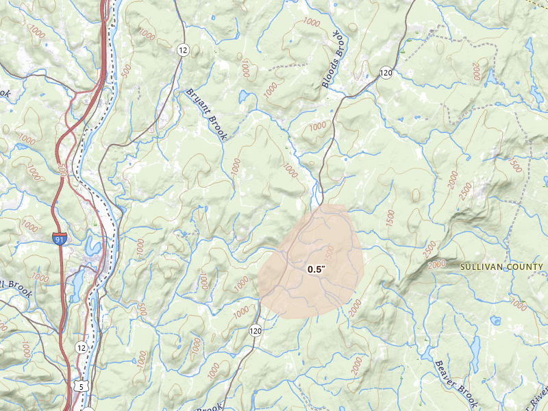 Radar-estimated hail-size map of the storm over Cornish, NH on Apr 16, 2026