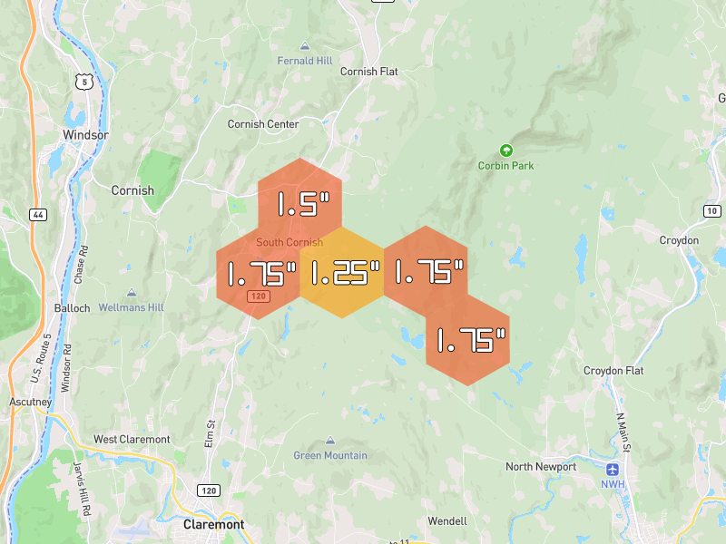 Hail map of Cornish, NH on Jun 26, 2026, hail up to 1.75"