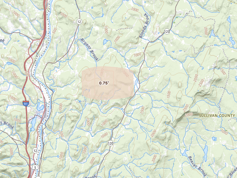 Radar-estimated hail size over Cornish, NH on Aug 26, 2026