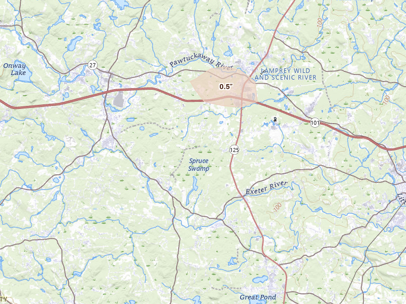 Radar-estimated hail-size map of the storm over Fremont, NH on Jul 1, 2026
