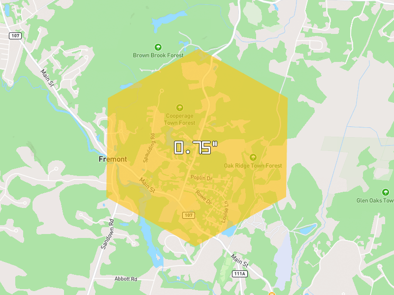 Hail map of Fremont, NH on Jul 2, 2026, hail up to 0.75"