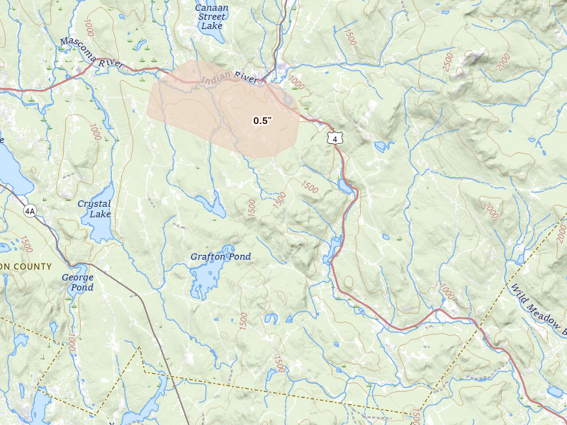 Radar-estimated hail-size map of the storm over Grafton, NH on Jul 2, 2026