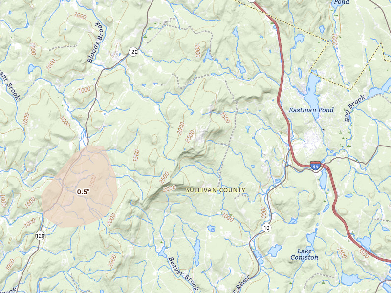 Radar-estimated hail-size map of the storm over Grantham, NH on Apr 16, 2026