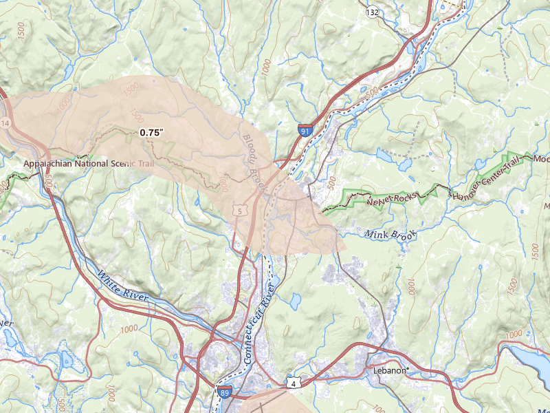 Radar-estimated hail-size map of the storm over Hanover, NH on Jul 1, 2026