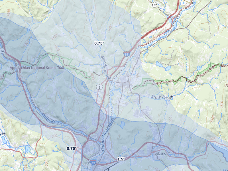 NEXRAD radar-signature map of the hail storm over Hanover, NH on Jul 1, 2026