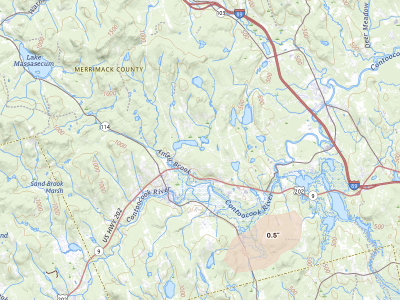Radar-estimated hail-size map of the storm over Henniker, NH on Jun 25, 2026