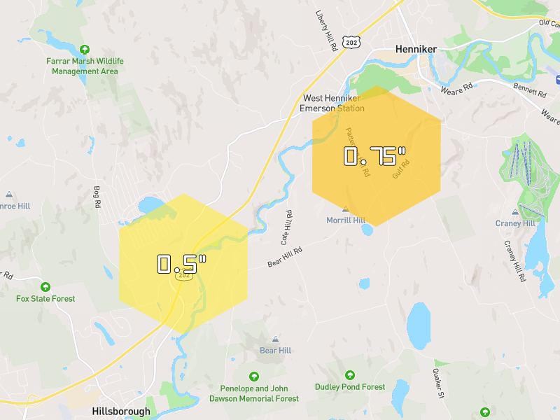 Hail map of Henniker, NH on Jul 2, 2026, hail up to 0.75"
