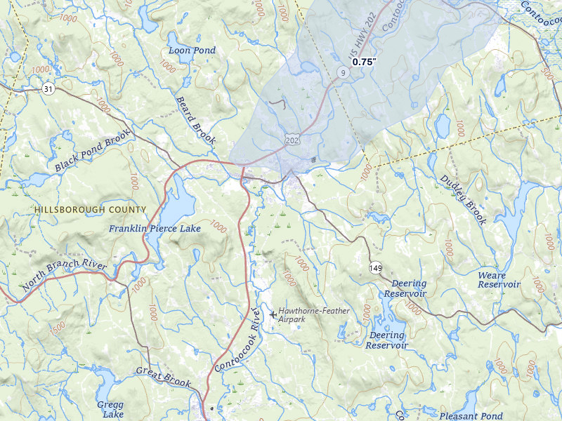 NEXRAD radar-signature map of the hail storm over Hillsborough, NH on Jul 1, 2026