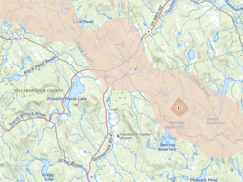 Radar-estimated hail-size map of the storm over Hillsborough, NH on Jul 14, 2026