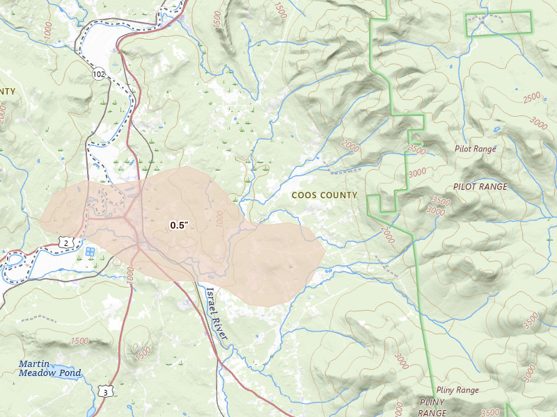 Radar-estimated hail-size map of the storm over Lancaster, NH on Jul 9, 2026