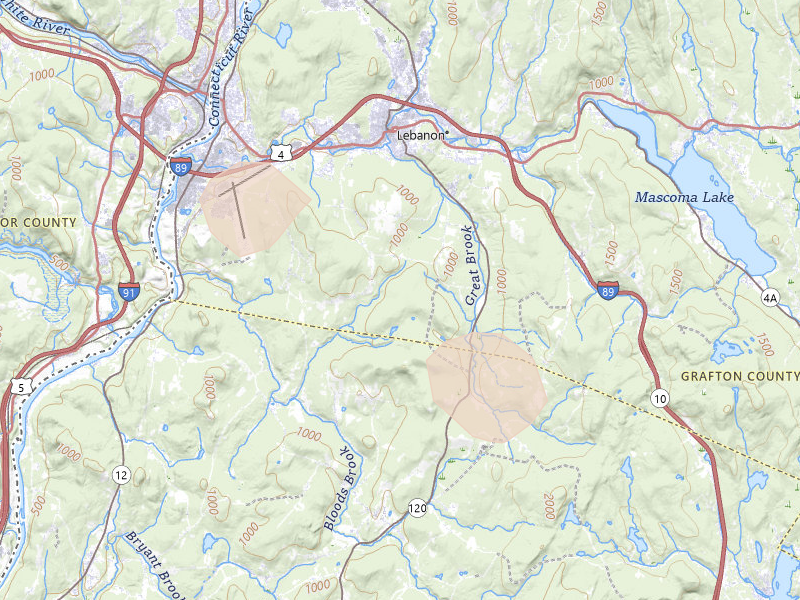 Radar-estimated hail-size map of the storm over Lebanon, NH on Jul 1, 2026