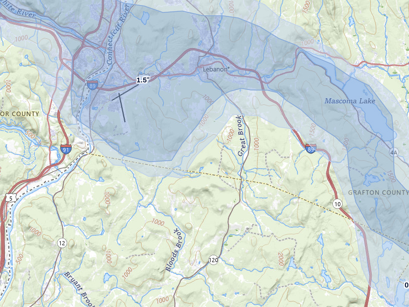 NEXRAD radar-signature map of the hail over Lebanon, NH