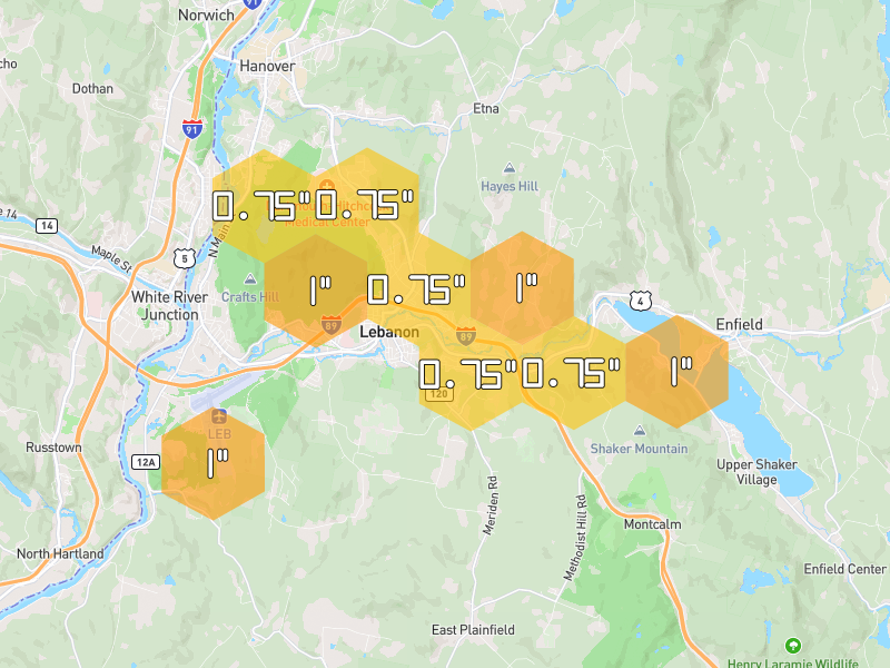 Hail map of Lebanon, NH on Jul 2, 2026, hail up to 1"