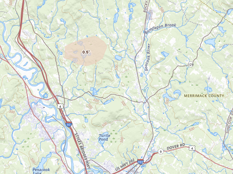 Radar-estimated hail-size map of the storm over Loudon, NH on Jul 1, 2026