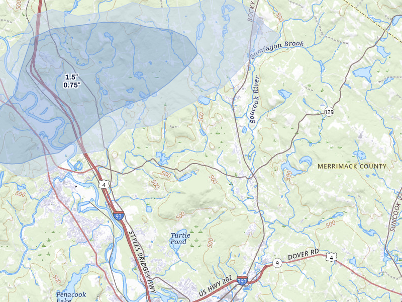 NEXRAD radar-signature map of the hail storm over Loudon, NH on Jul 1, 2026
