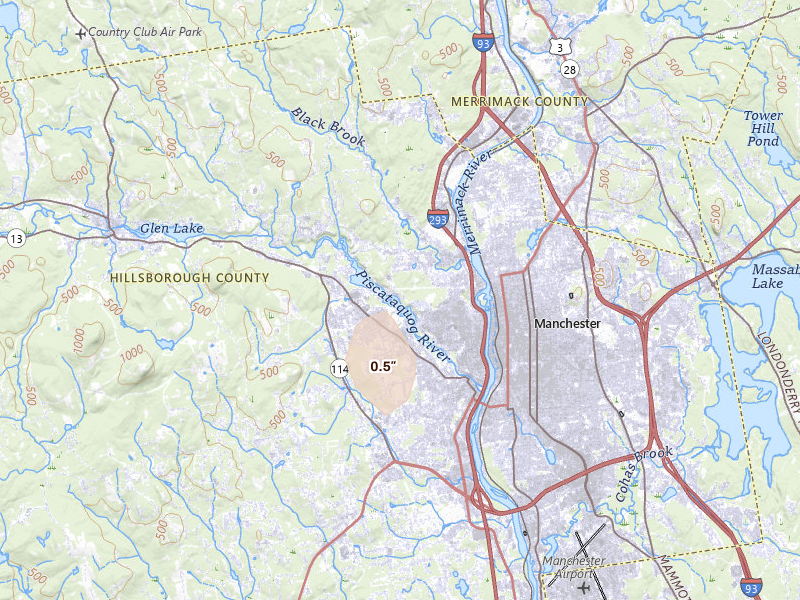 Radar-estimated hail-size map of the storm over Manchester, NH on Jul 28, 2026