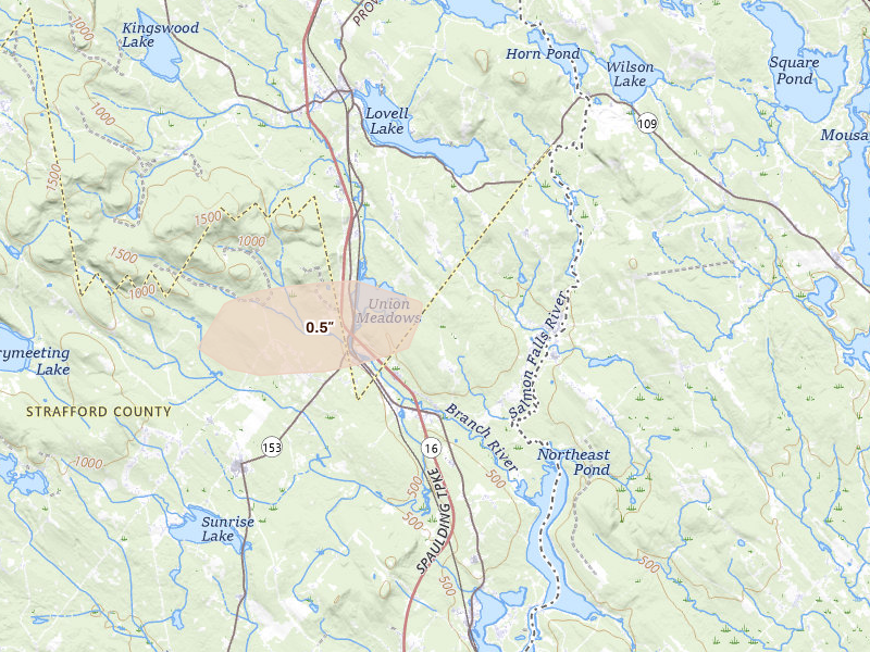 Radar-estimated hail-size map of the storm over Milton, NH on Aug 8, 2026