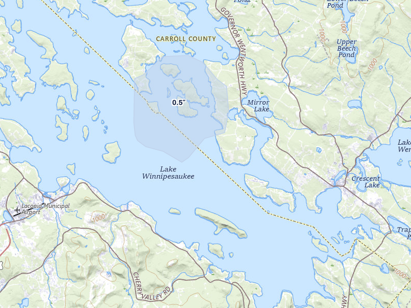 NEXRAD radar-signature map of the hail over Mirror Lake, NH