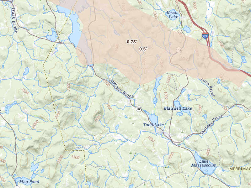 Radar-estimated hail-size map of the storm over Newbury, NH on Jun 26, 2026