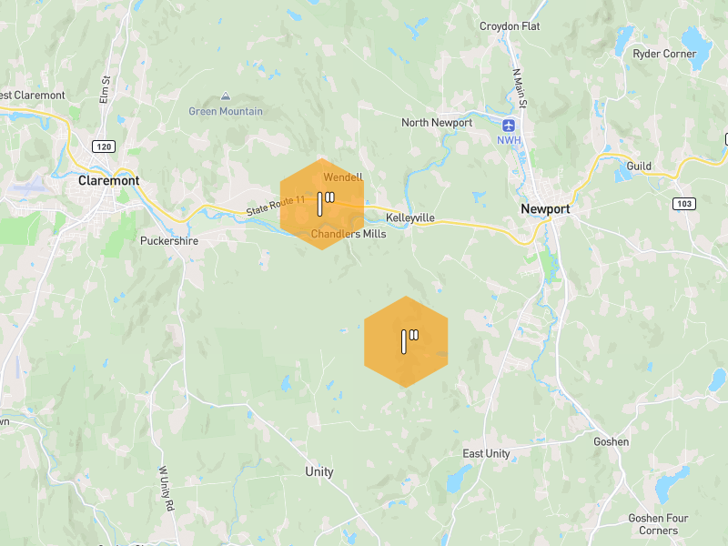 Hail map of Newport, NH on Jul 2, 2026, hail up to 1"