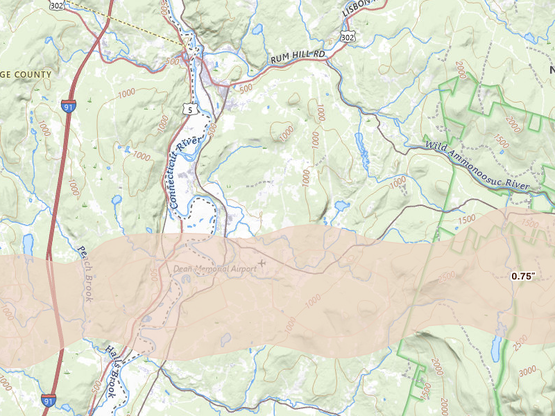 Radar-estimated hail-size map of the storm over North Haverhill, NH on Apr 16, 2026