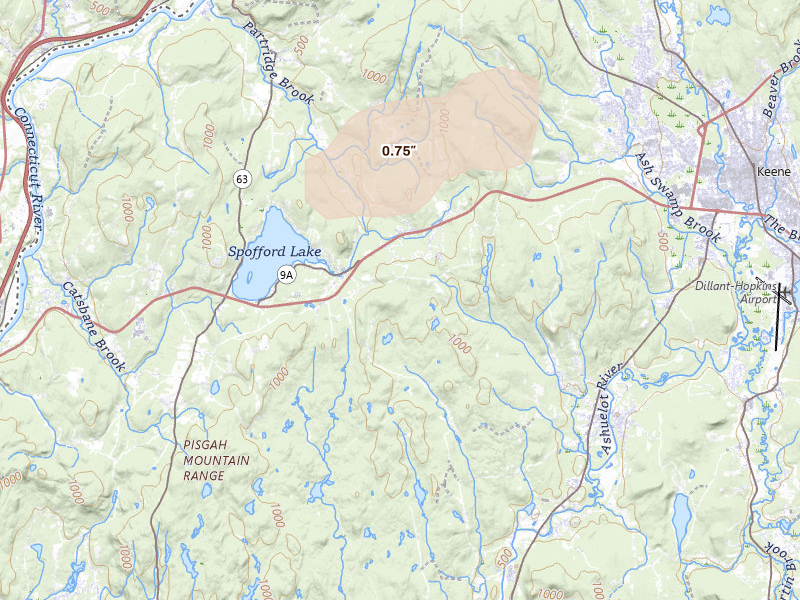 Radar-estimated hail-size map of the storm over Spofford, NH on Jul 28, 2026