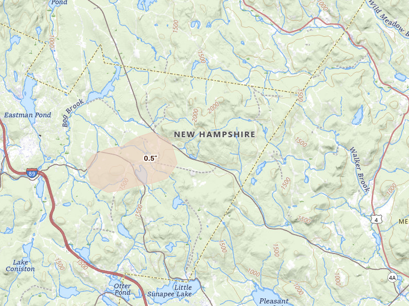 Radar-estimated hail-size map of the storm over Springfield, NH on Jul 1, 2026