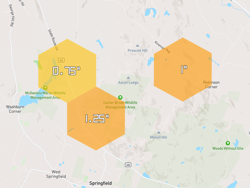 Hail map of Springfield, NH on Jul 2, 2026, hail up to 1.25"