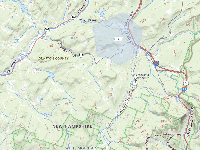 NEXRAD radar-signature map of the hail over Sugar Hill, NH