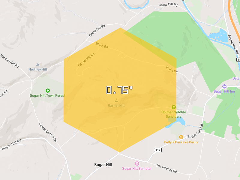 Hail map of Sugar Hill, NH on Jul 2, 2026, hail up to 0.75"