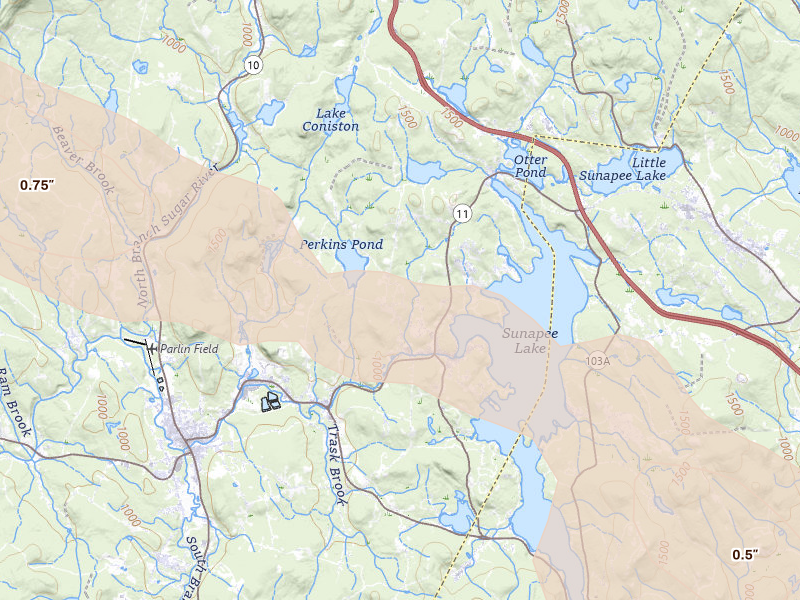 Radar-estimated hail-size map of the storm over Sunapee, NH on Jun 26, 2026