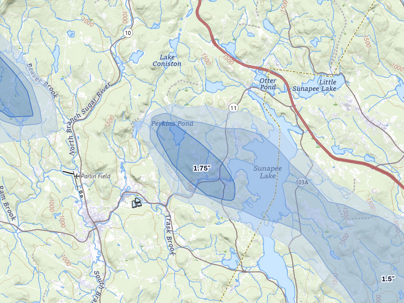NEXRAD radar-signature map of the hail over Sunapee, NH