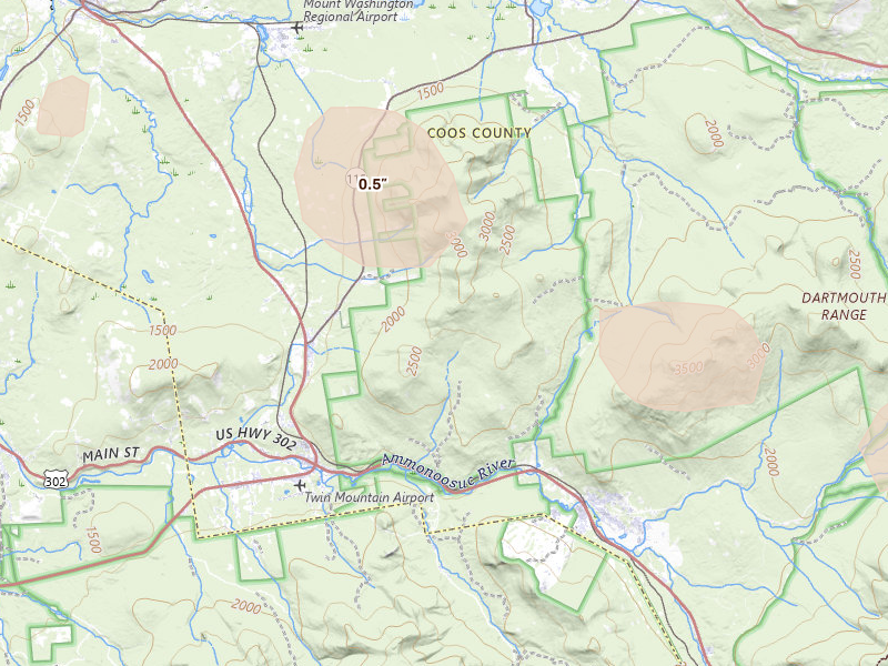 Radar-estimated hail-size map of the storm over Twin Mountain, NH