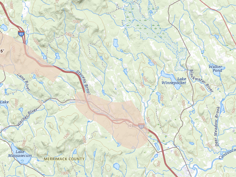 Radar-estimated hail-size map of the storm over Warner, NH on Jun 26, 2026