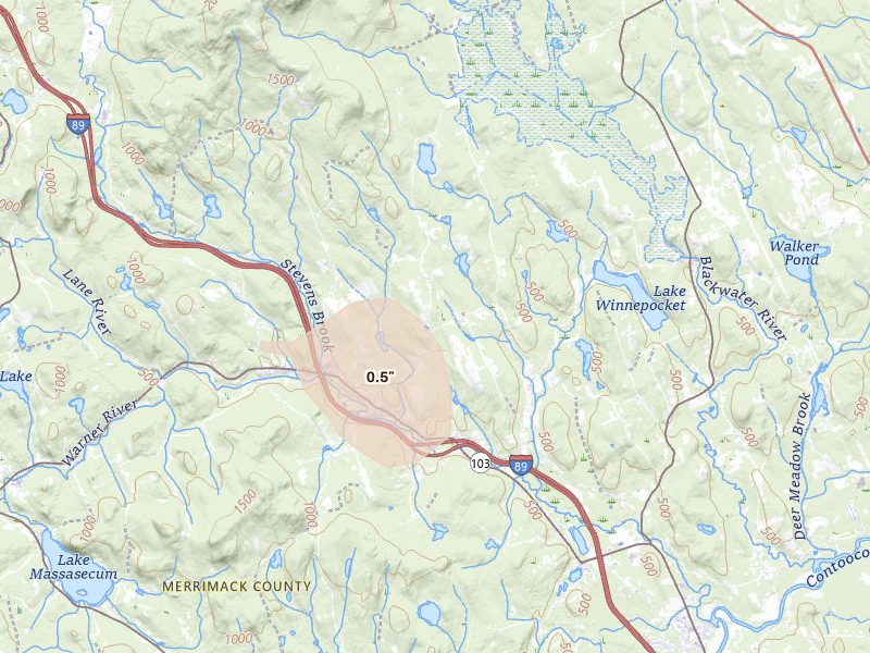 Radar-estimated hail-size map of the storm over Warner, NH on Jul 1, 2026